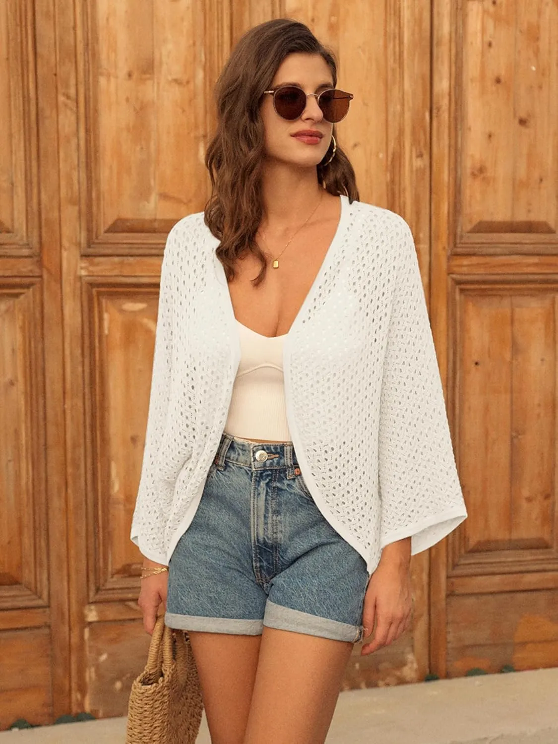 GRACE KARIN Open Front 3/4 Sleeve Batwing Cardigan for Women Lightweight Crochet Summer Cardigan Hollow-Out Cover Ups