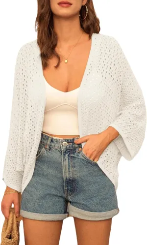 GRACE KARIN Open Front 3/4 Sleeve Batwing Cardigan for Women Lightweight Crochet Summer Cardigan Hollow-Out Cover Ups