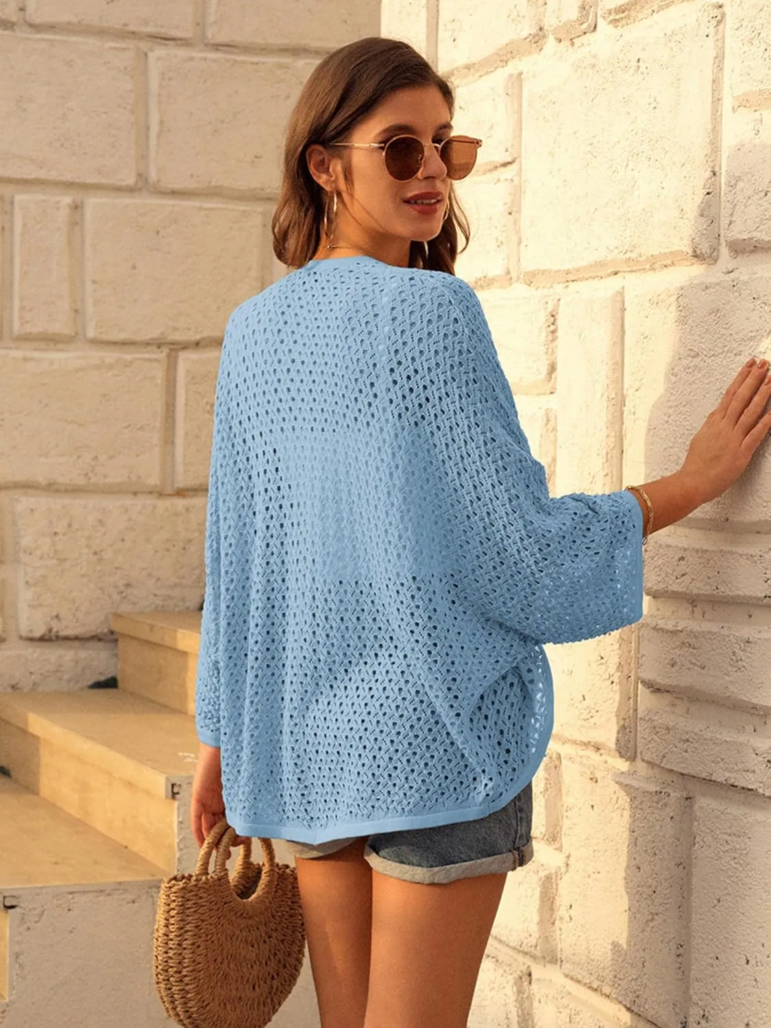 GRACE KARIN Open Front 3/4 Sleeve Batwing Cardigan for Women Lightweight Crochet Summer Cardigan Hollow-Out Cover Ups