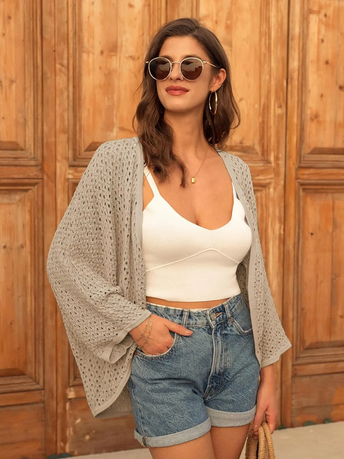GRACE KARIN Open Front 3/4 Sleeve Batwing Cardigan for Women Lightweight Crochet Summer Cardigan Hollow-Out Cover Ups