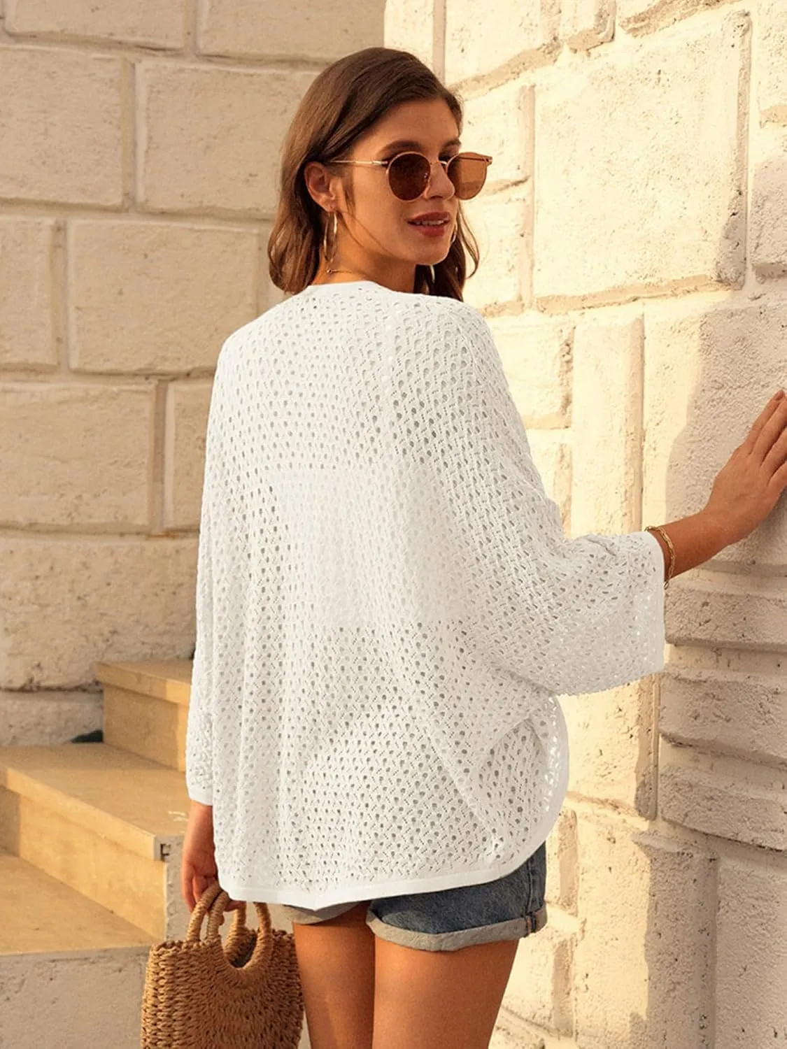 GRACE KARIN Open Front 3/4 Sleeve Batwing Cardigan for Women Lightweight Crochet Summer Cardigan Hollow-Out Cover Ups