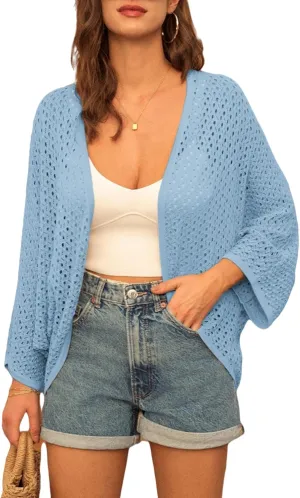 GRACE KARIN Open Front 3/4 Sleeve Batwing Cardigan for Women Lightweight Crochet Summer Cardigan Hollow-Out Cover Ups