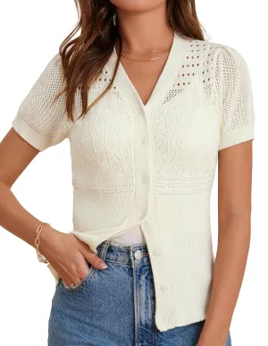 GRACE KARIN Women 2025 Short Sleeve Cardigan Sweater Lightweight Crochet Shrug Puff Sleeve Button Hollowed-Out Knit Tops