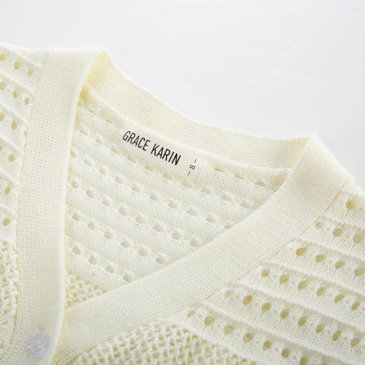 GRACE KARIN Women 2025 Short Sleeve Cardigan Sweater Lightweight Crochet Shrug Puff Sleeve Button Hollowed-Out Knit Tops