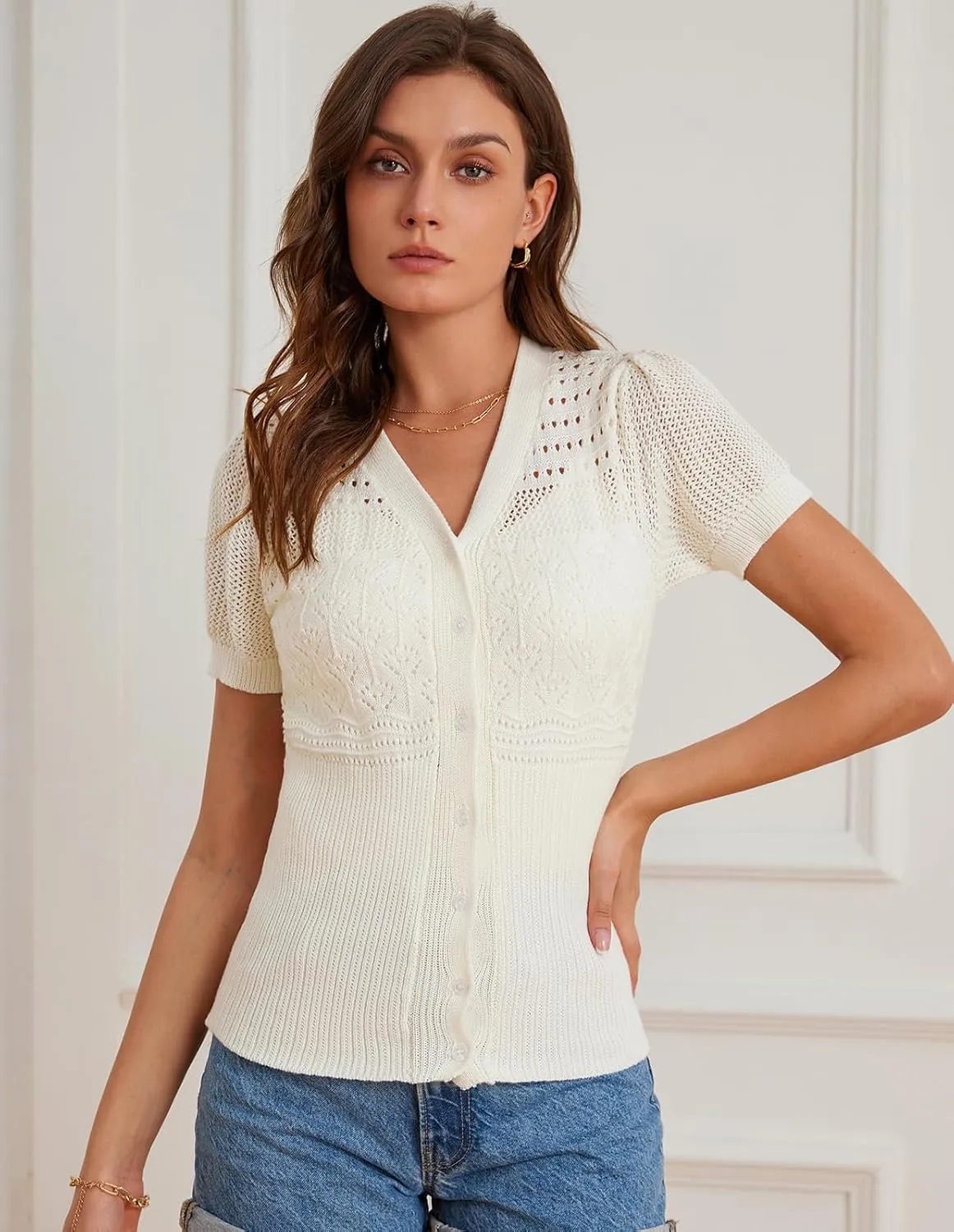 GRACE KARIN Women 2025 Short Sleeve Cardigan Sweater Lightweight Crochet Shrug Puff Sleeve Button Hollowed-Out Knit Tops