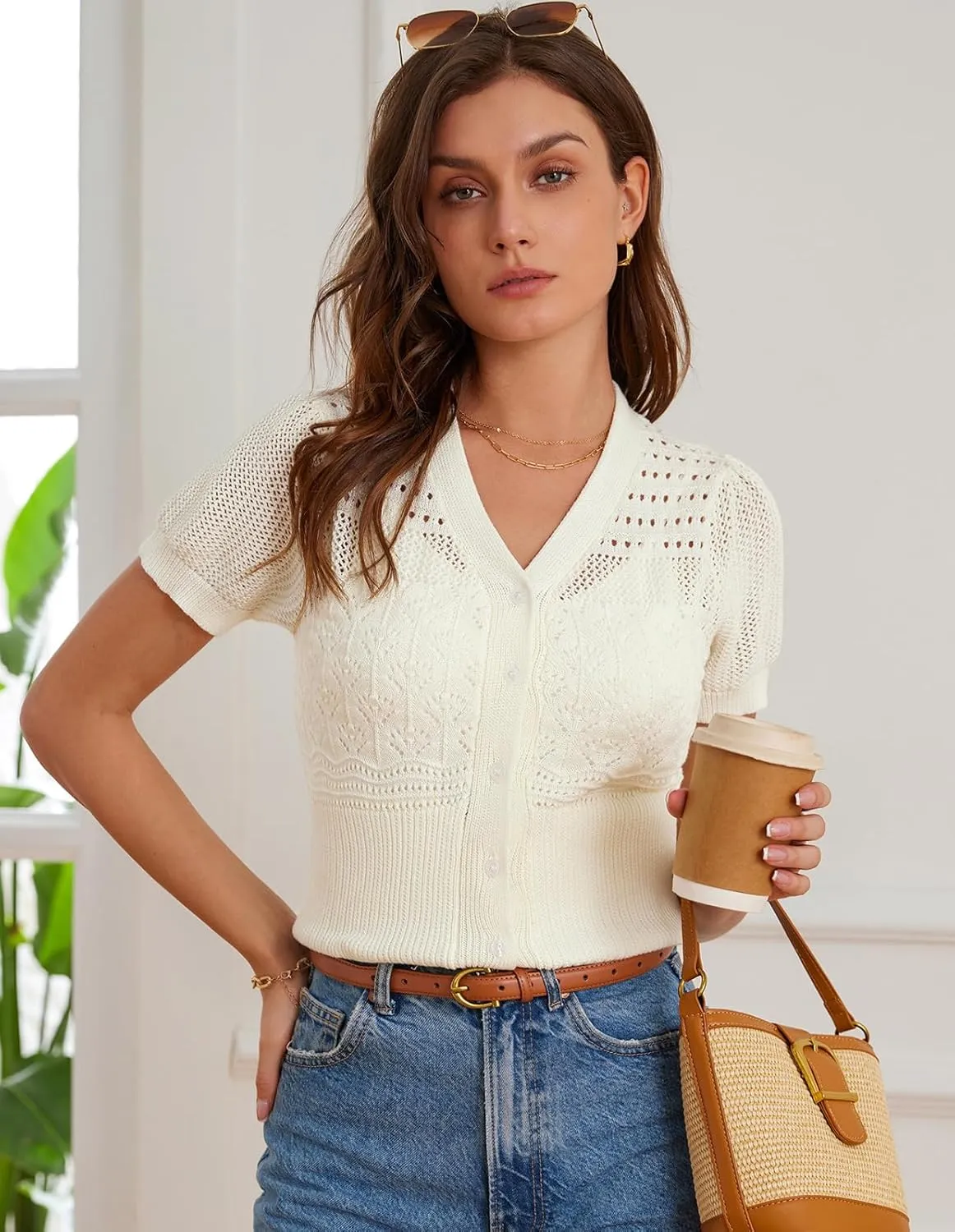 GRACE KARIN Women 2025 Short Sleeve Cardigan Sweater Lightweight Crochet Shrug Puff Sleeve Button Hollowed-Out Knit Tops