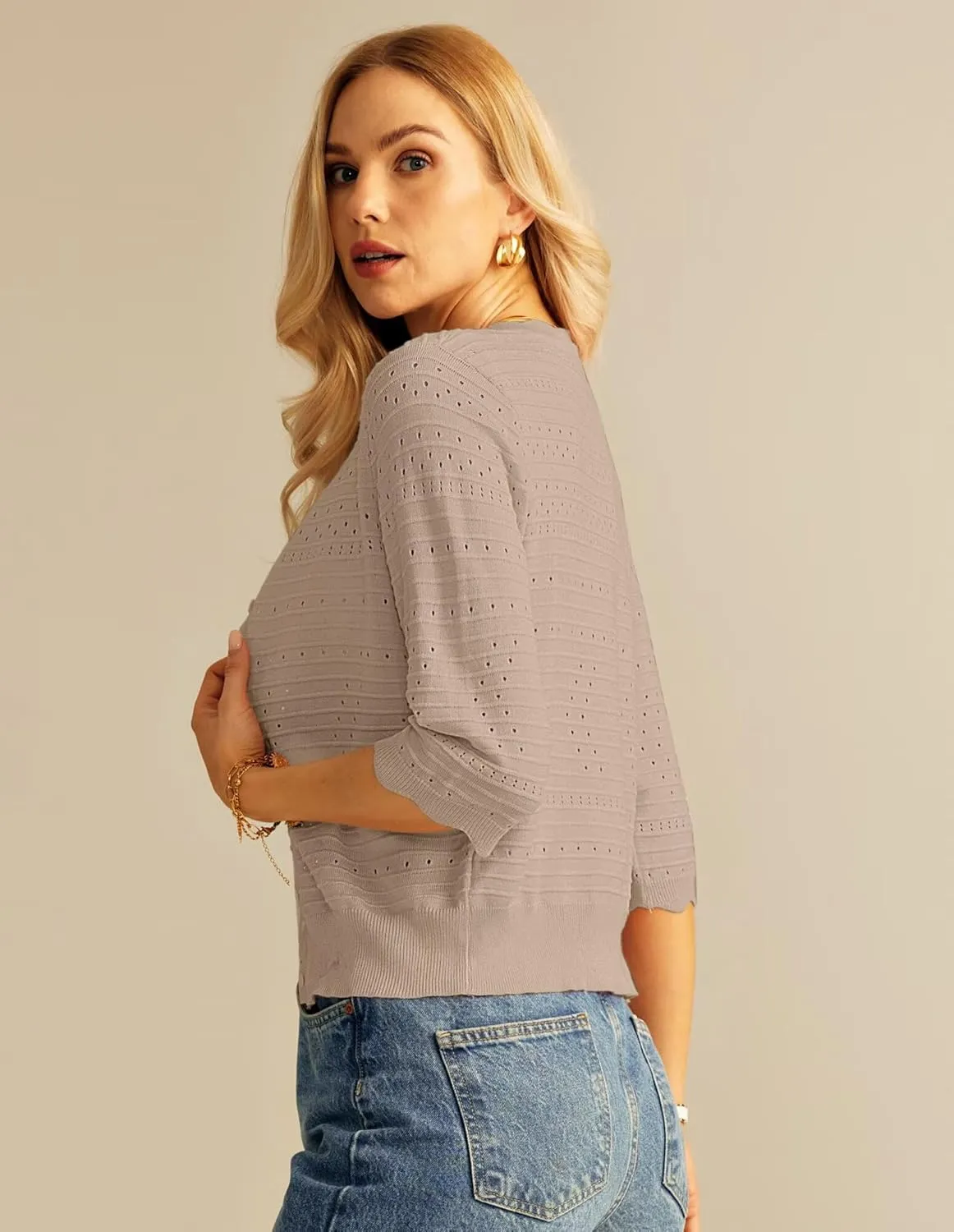 GRACE KARIN Women's 3/4 Short Sleeve Cropped Cardigan Lightweight Button up Crochet Knit Sweater Shrug for Summer Spring