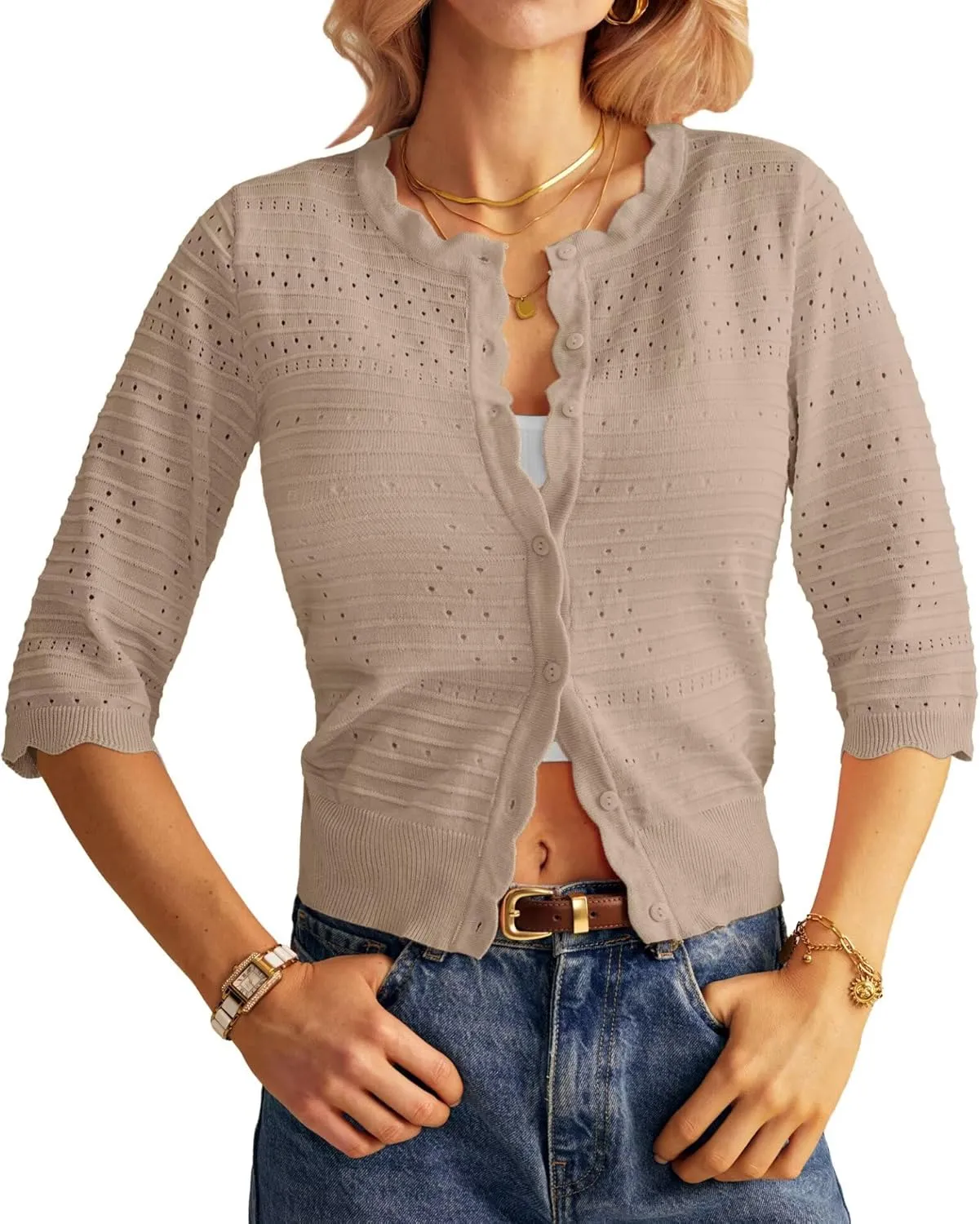 GRACE KARIN Women's 3/4 Short Sleeve Cropped Cardigan Lightweight Button up Crochet Knit Sweater Shrug for Summer Spring