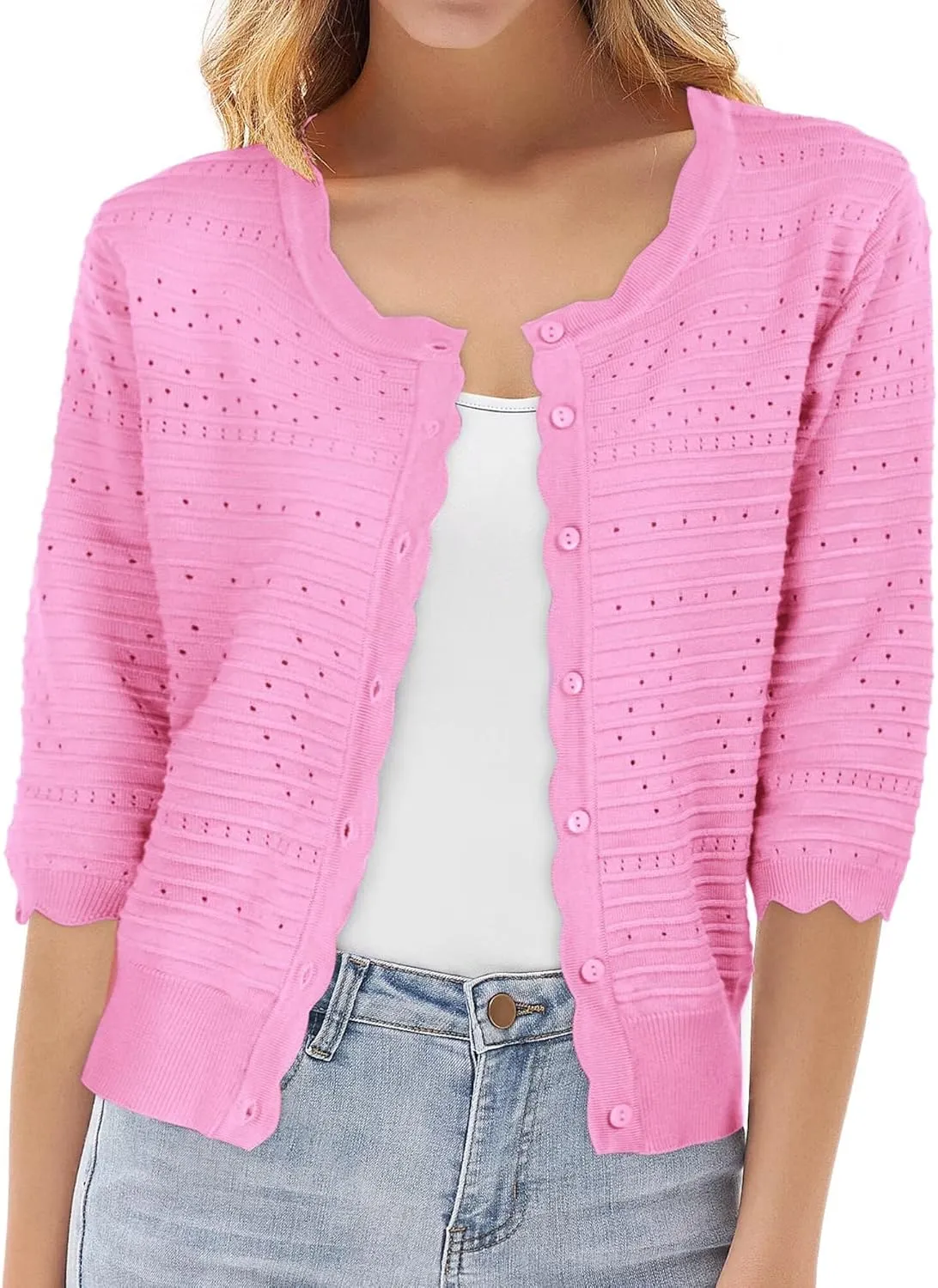 GRACE KARIN Women's 3/4 Short Sleeve Cropped Cardigan Lightweight Button up Crochet Knit Sweater Shrug for Summer Spring