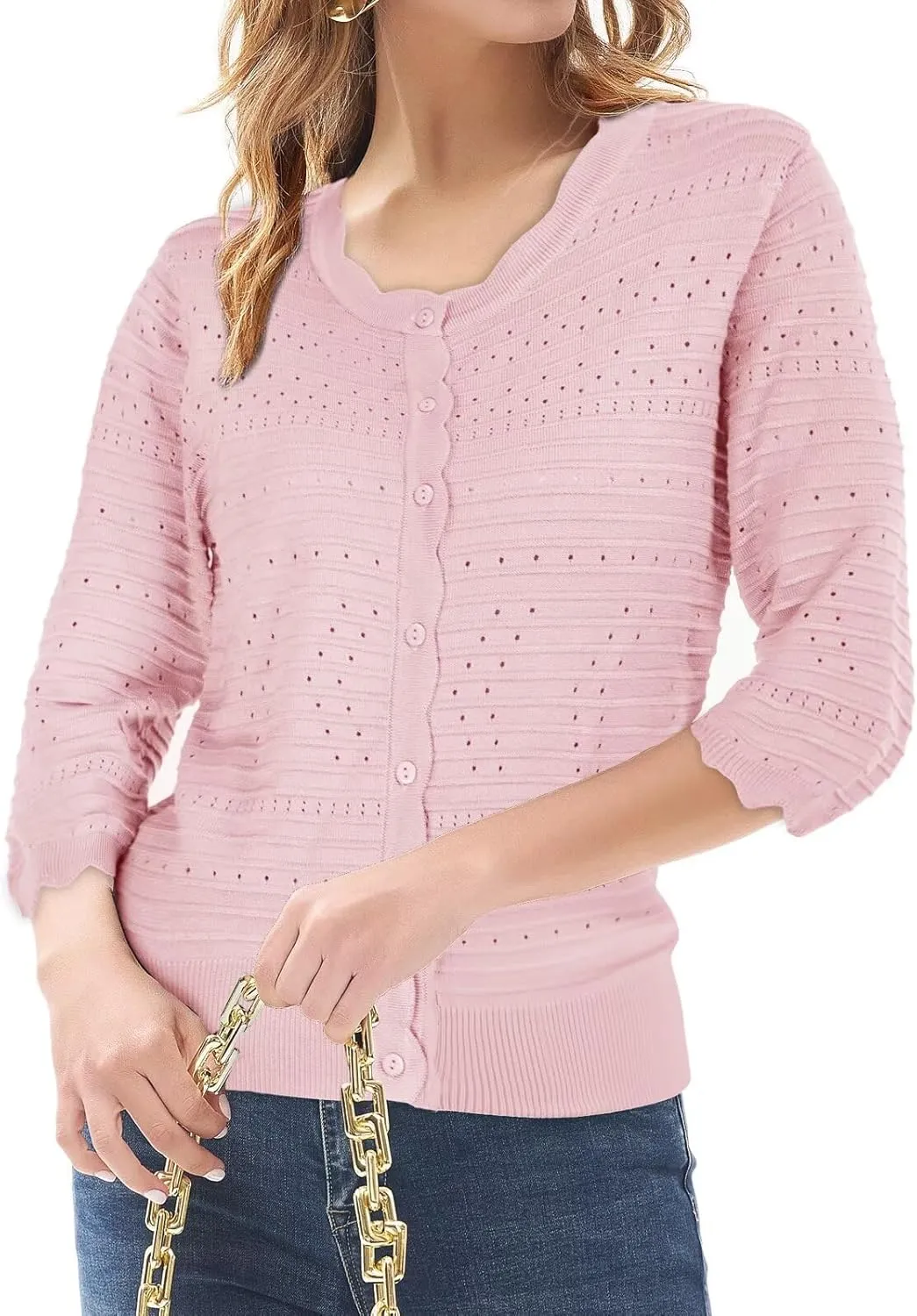 GRACE KARIN Women's 3/4 Short Sleeve Cropped Cardigan Lightweight Button up Crochet Knit Sweater Shrug for Summer Spring
