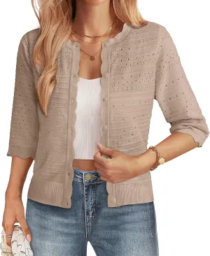 GRACE KARIN Women's 3/4 Short Sleeve Cropped Cardigan Lightweight Button up Crochet Knit Sweater Shrug for Summer Spring