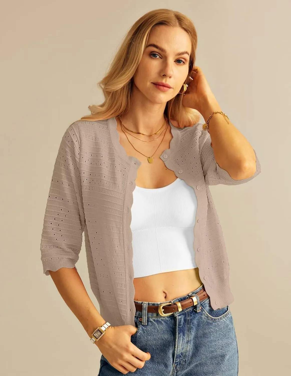 GRACE KARIN Women's 3/4 Short Sleeve Cropped Cardigan Lightweight Button up Crochet Knit Sweater Shrug for Summer Spring