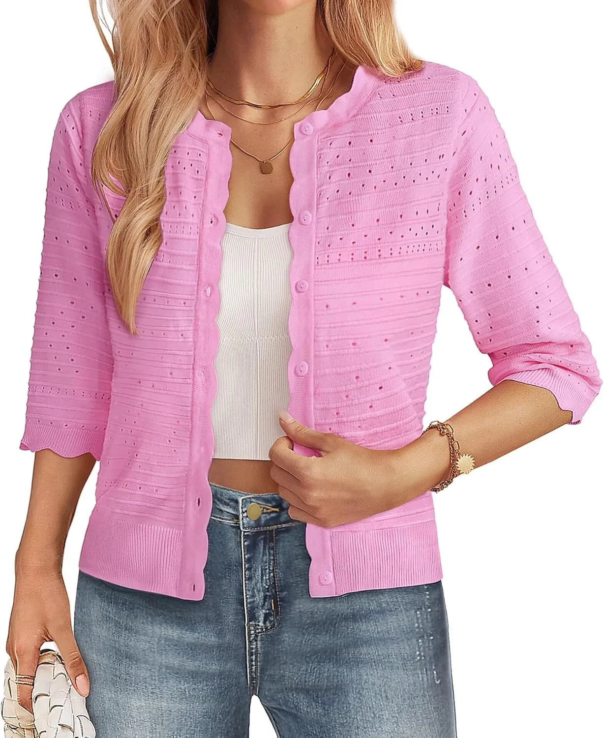 GRACE KARIN Women's 3/4 Short Sleeve Cropped Cardigan Lightweight Button up Crochet Knit Sweater Shrug for Summer Spring