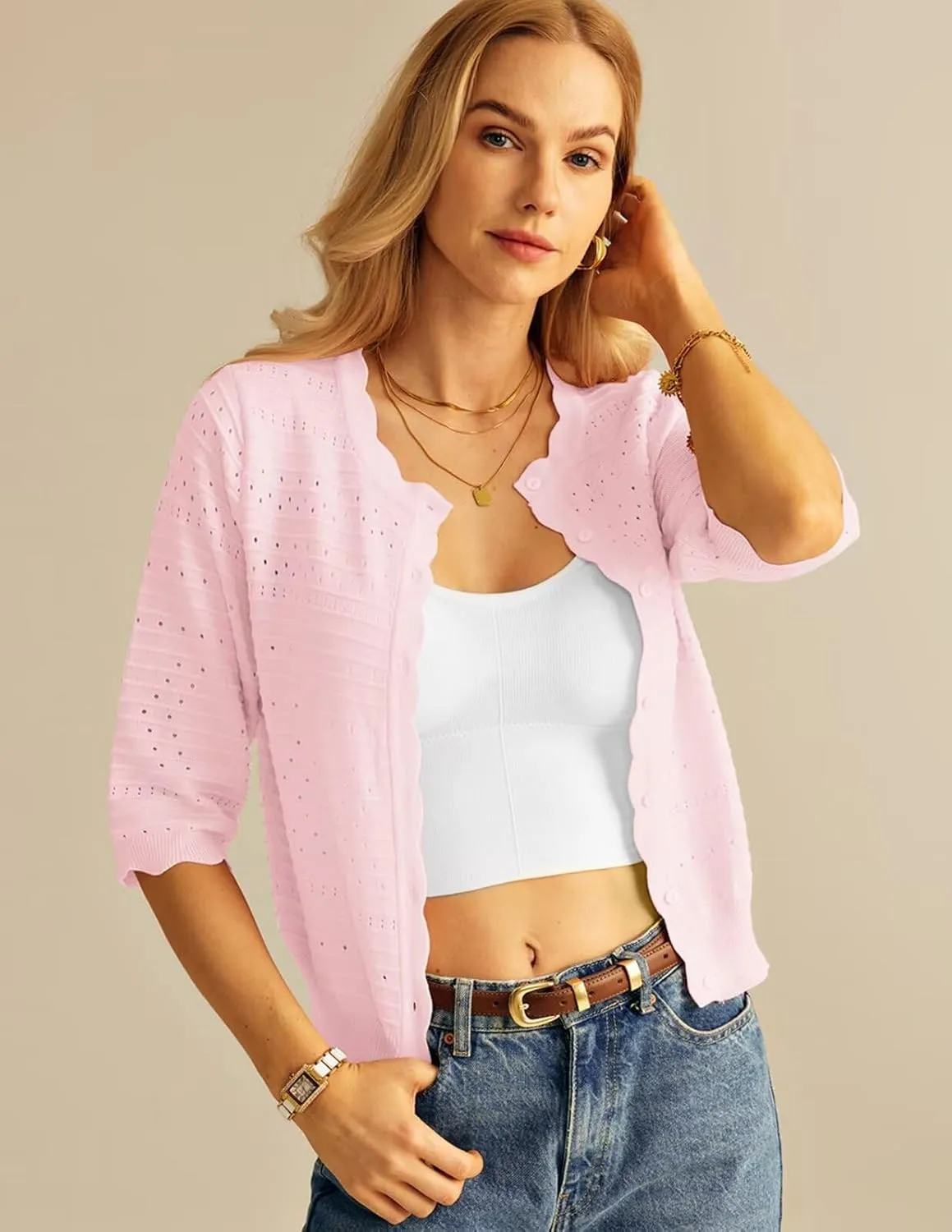 GRACE KARIN Women's 3/4 Short Sleeve Cropped Cardigan Lightweight Button up Crochet Knit Sweater Shrug for Summer Spring
