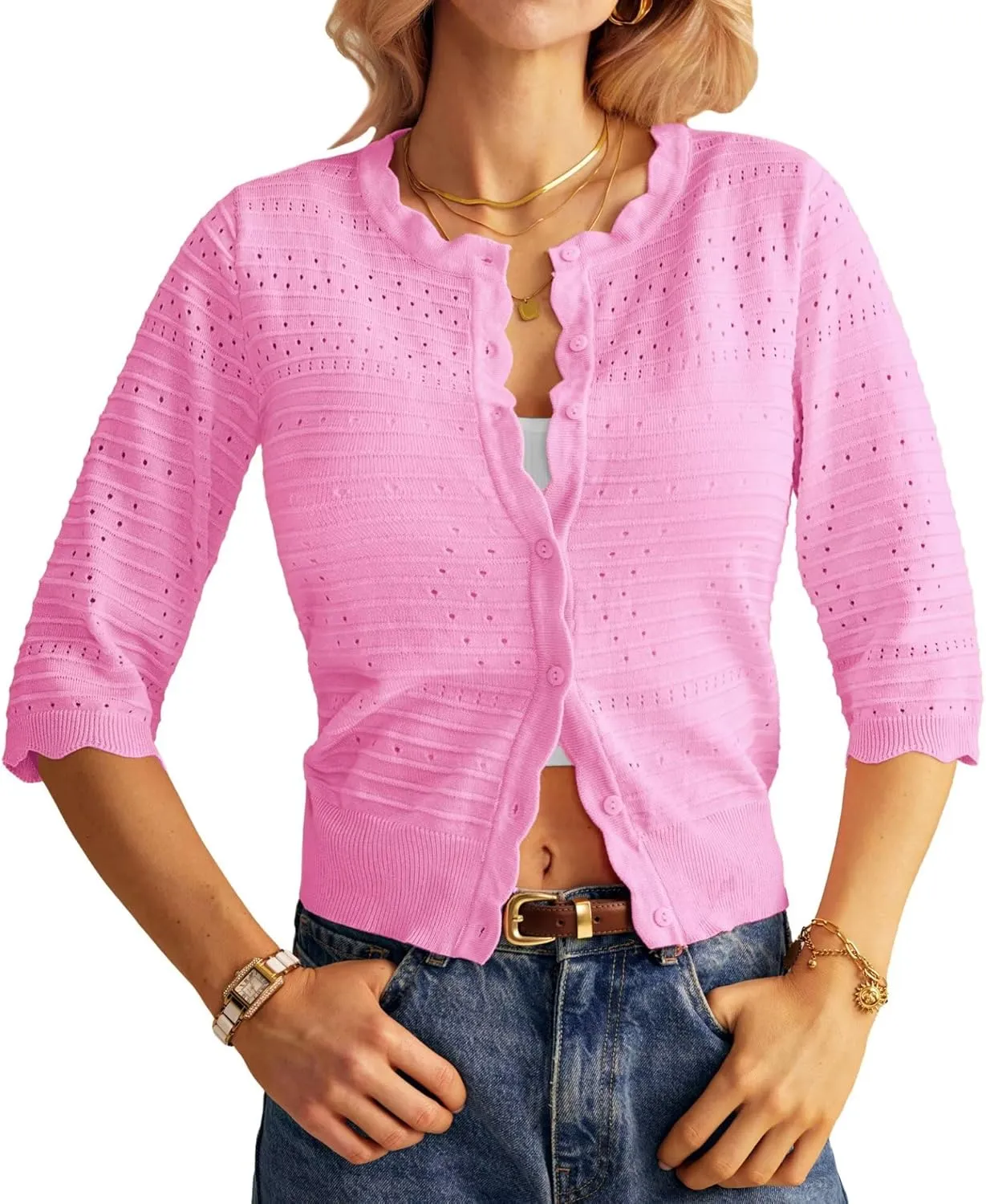 GRACE KARIN Women's 3/4 Short Sleeve Cropped Cardigan Lightweight Button up Crochet Knit Sweater Shrug for Summer Spring