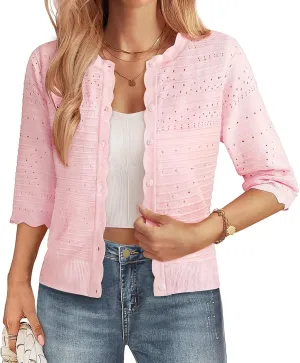 GRACE KARIN Women's 3/4 Short Sleeve Cropped Cardigan Lightweight Button up Crochet Knit Sweater Shrug for Summer Spring