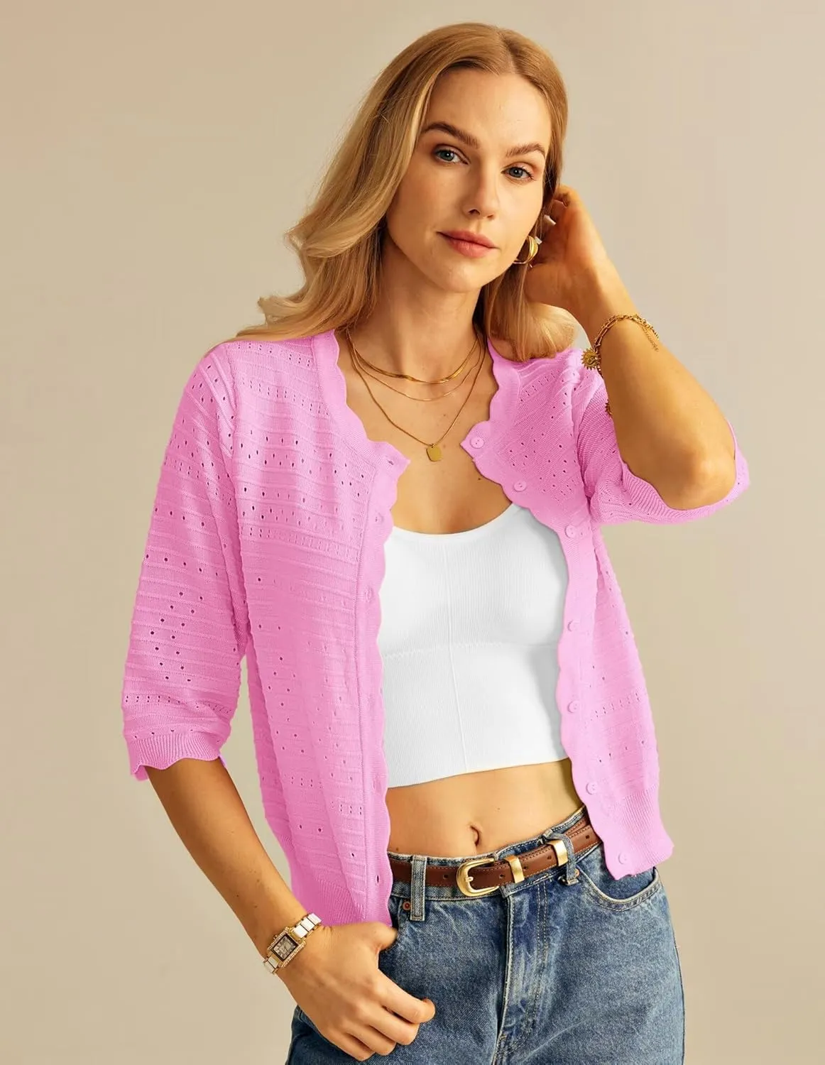 GRACE KARIN Women's 3/4 Short Sleeve Cropped Cardigan Lightweight Button up Crochet Knit Sweater Shrug for Summer Spring