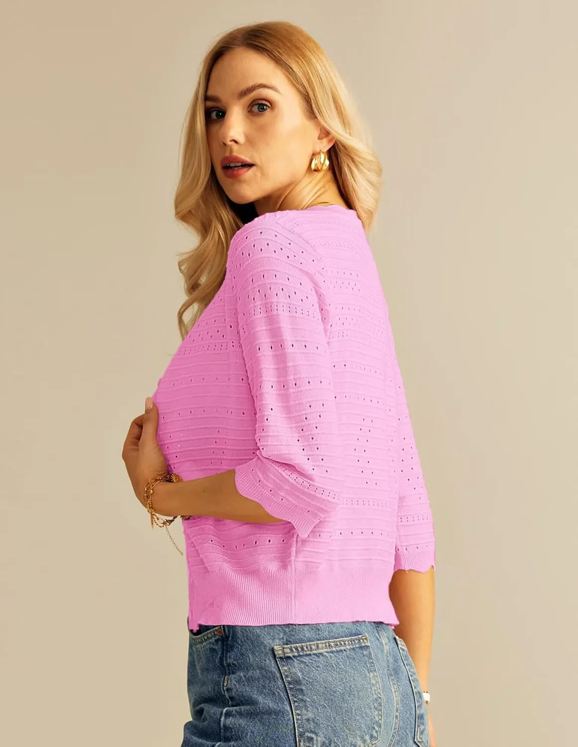 GRACE KARIN Women's 3/4 Short Sleeve Cropped Cardigan Lightweight Button up Crochet Knit Sweater Shrug for Summer Spring