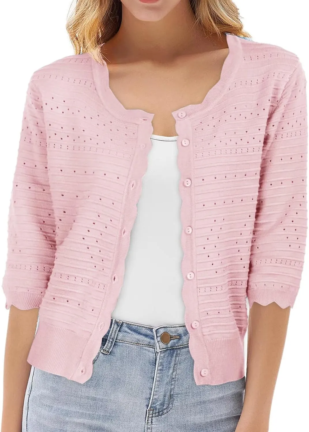 GRACE KARIN Women's 3/4 Short Sleeve Cropped Cardigan Lightweight Button up Crochet Knit Sweater Shrug for Summer Spring