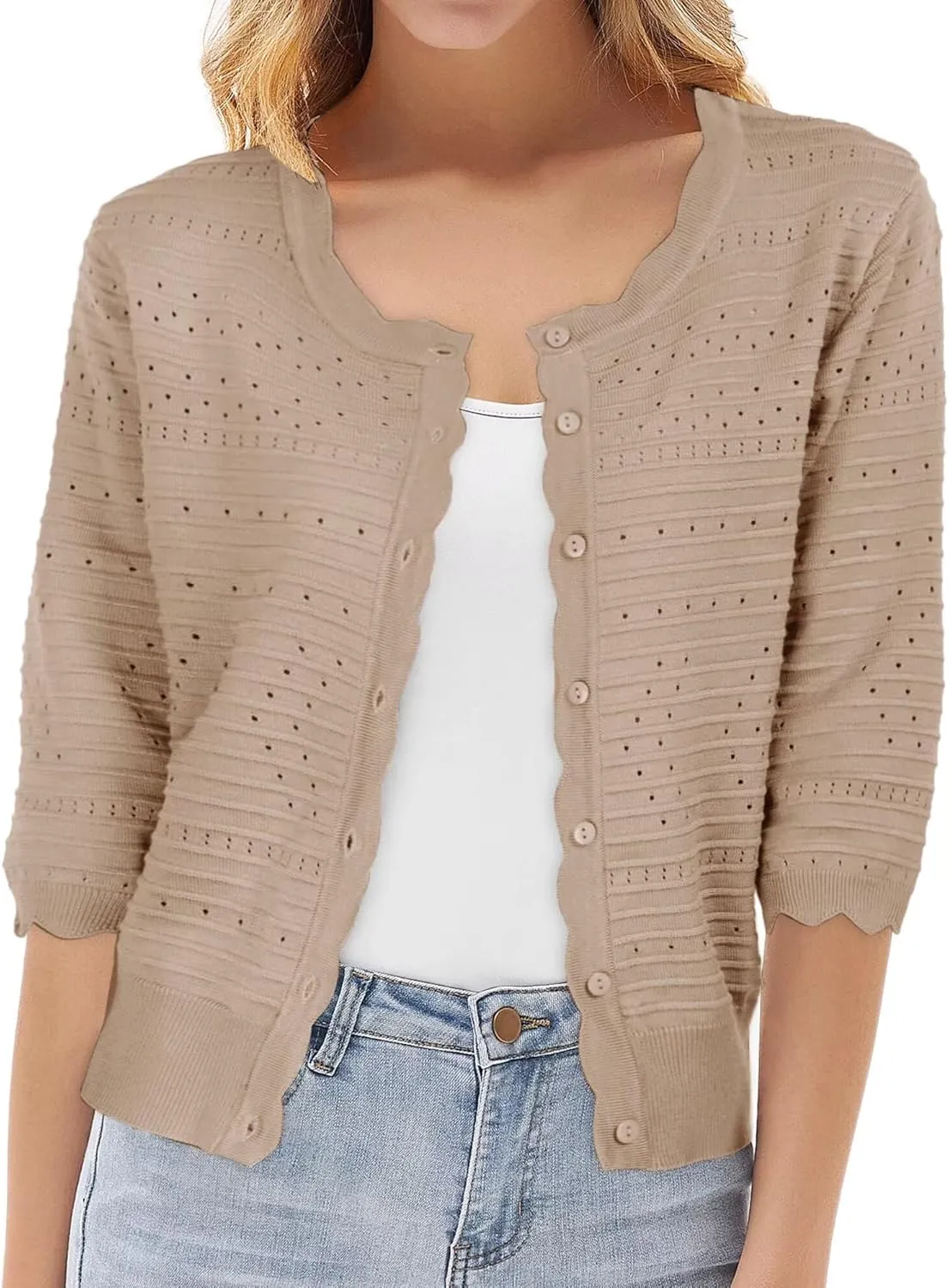 GRACE KARIN Women's 3/4 Short Sleeve Cropped Cardigan Lightweight Button up Crochet Knit Sweater Shrug for Summer Spring