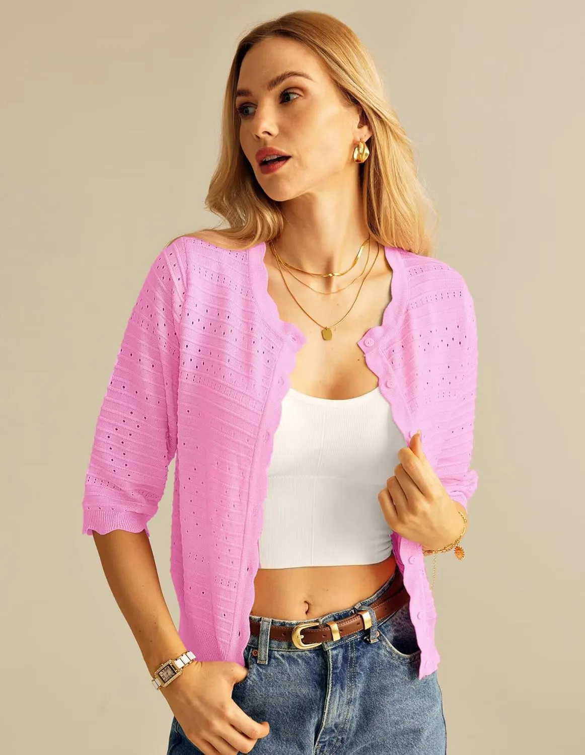GRACE KARIN Women's 3/4 Short Sleeve Cropped Cardigan Lightweight Button up Crochet Knit Sweater Shrug for Summer Spring