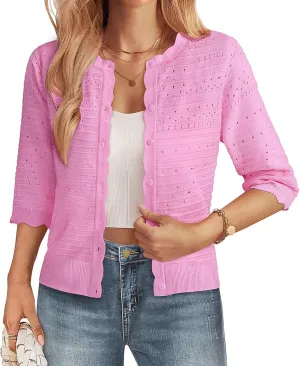 GRACE KARIN Women's 3/4 Short Sleeve Cropped Cardigan Lightweight Button up Crochet Knit Sweater Shrug for Summer Spring