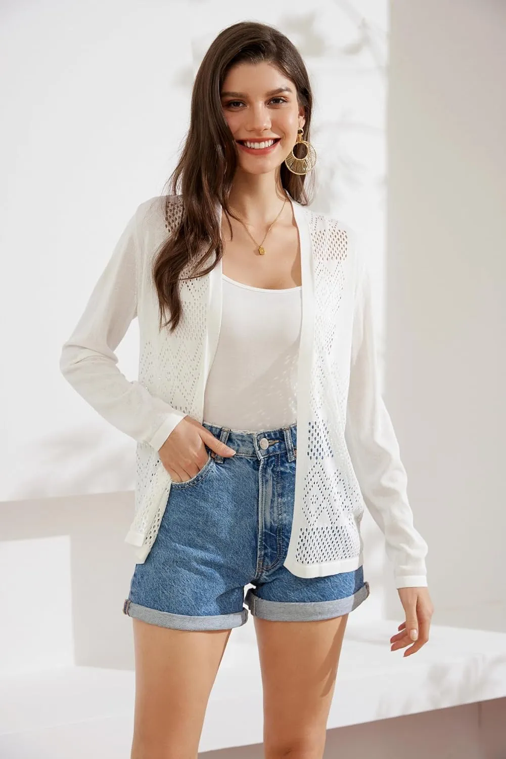 GRACE KARIN Womens Cardigan Casual Lightweight Long Sleeve Open Front Cardigans Sweater Hollow Out Cover ups