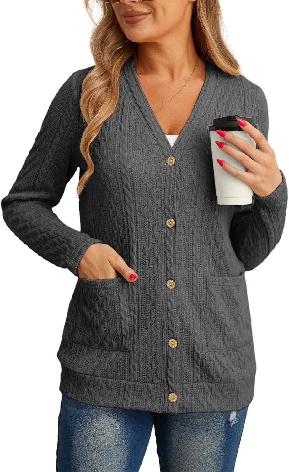 GRECERELLE Women's Lightweight Cardigan Sweater Casual Long Sleeve Knit Cardigan Open Front Outwear Jacket with Pockets