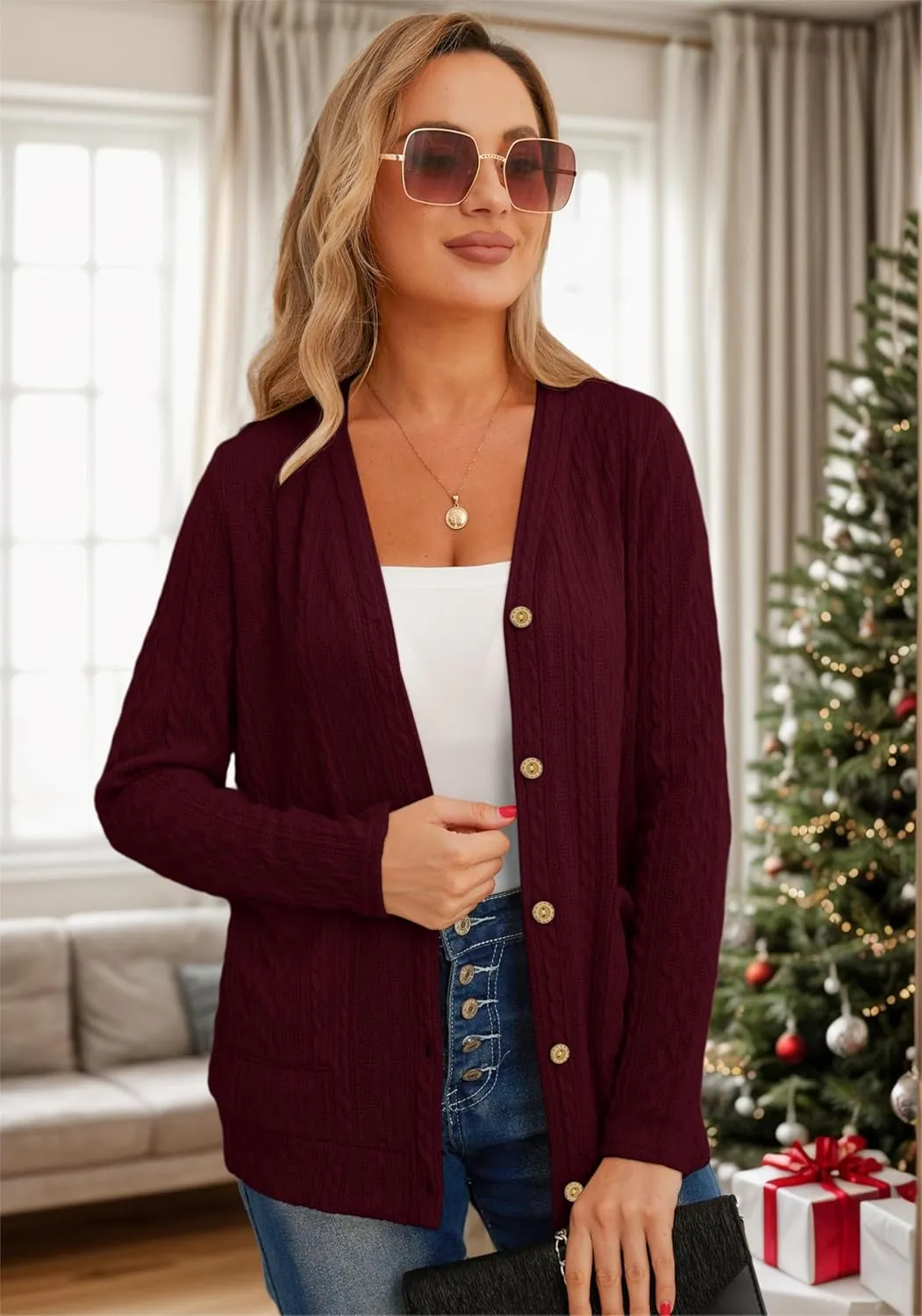 GRECERELLE Women's Lightweight Cardigan Sweater Casual Long Sleeve Knit Cardigan Open Front Outwear Jacket with Pockets