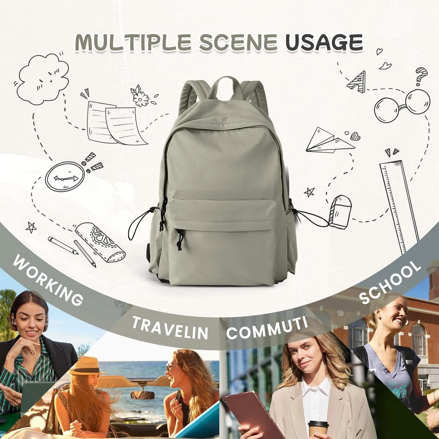 Green School Backpack for Girls Women Waterproof High School Book Bag Cute Backpack for Men Teens Boys, Lightweight Simple Middle School Back Pack Daypack