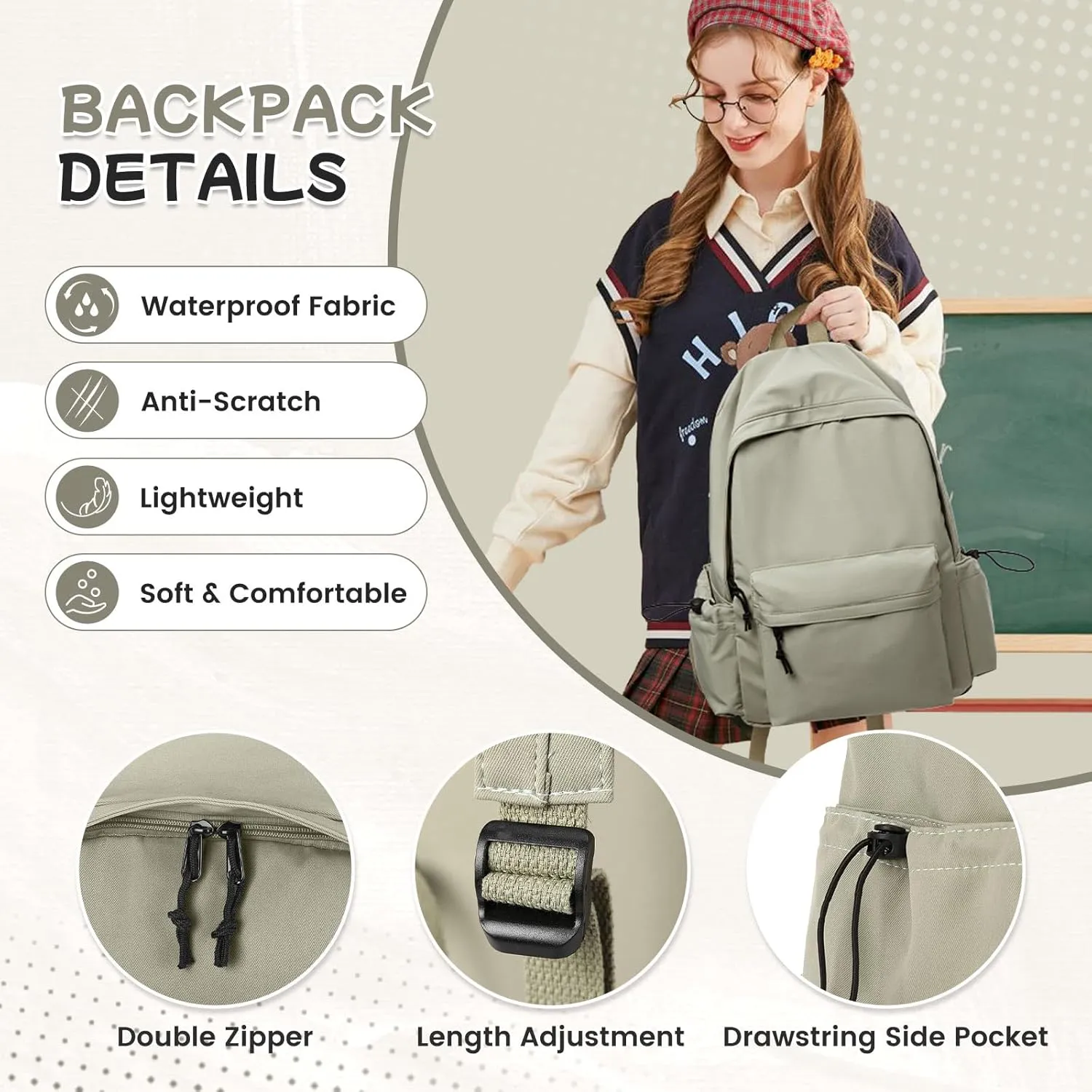 Green School Backpack for Girls Women Waterproof High School Book Bag Cute Backpack for Men Teens Boys, Lightweight Simple Middle School Back Pack Daypack