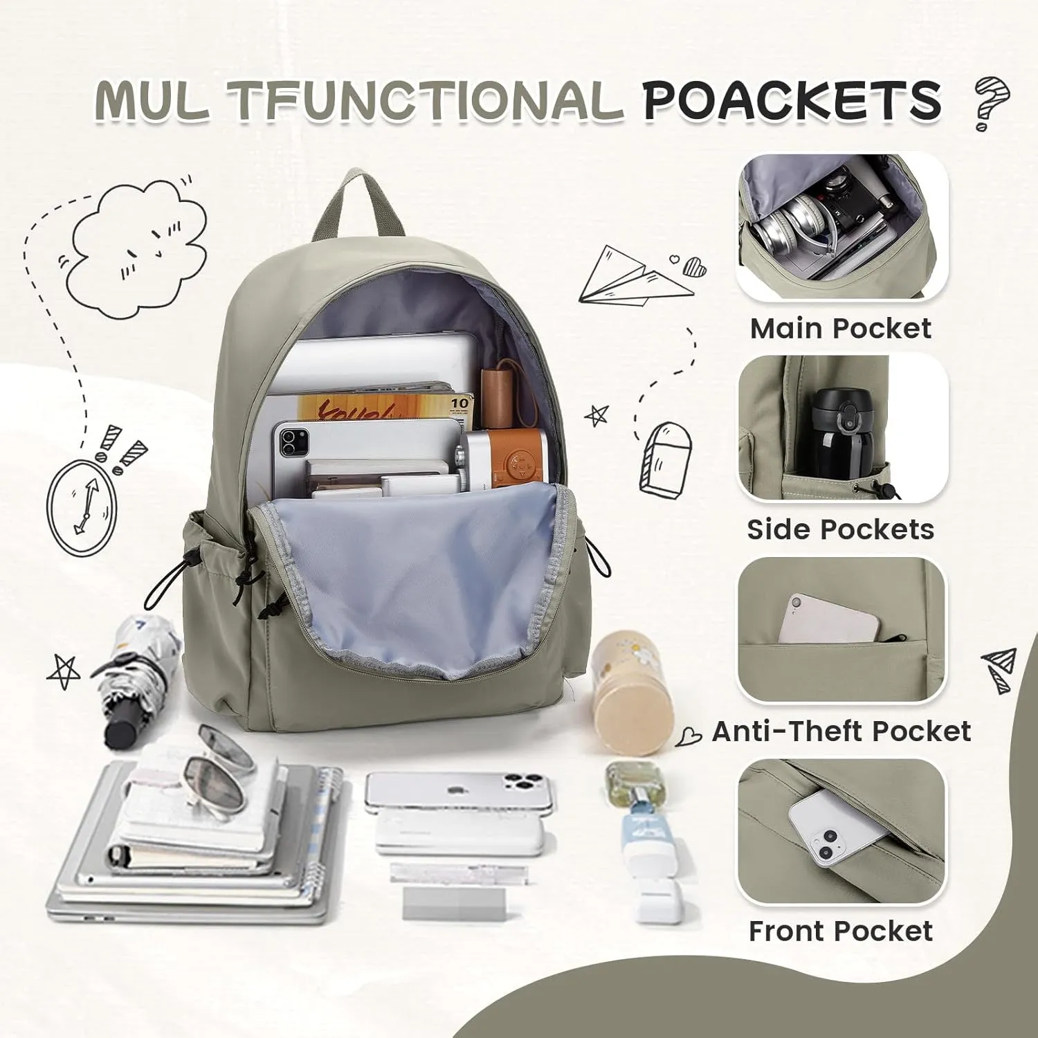 Green School Backpack for Girls Women Waterproof High School Book Bag Cute Backpack for Men Teens Boys, Lightweight Simple Middle School Back Pack Daypack