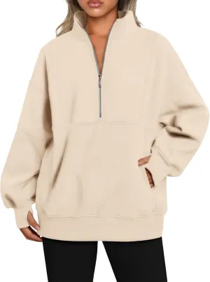 Half Zip Pullover Women Cropped Fleece Oversized Sweatshirt Long Sleeve Thumb Hole Quarter Zipper Hoodies with Pockets
