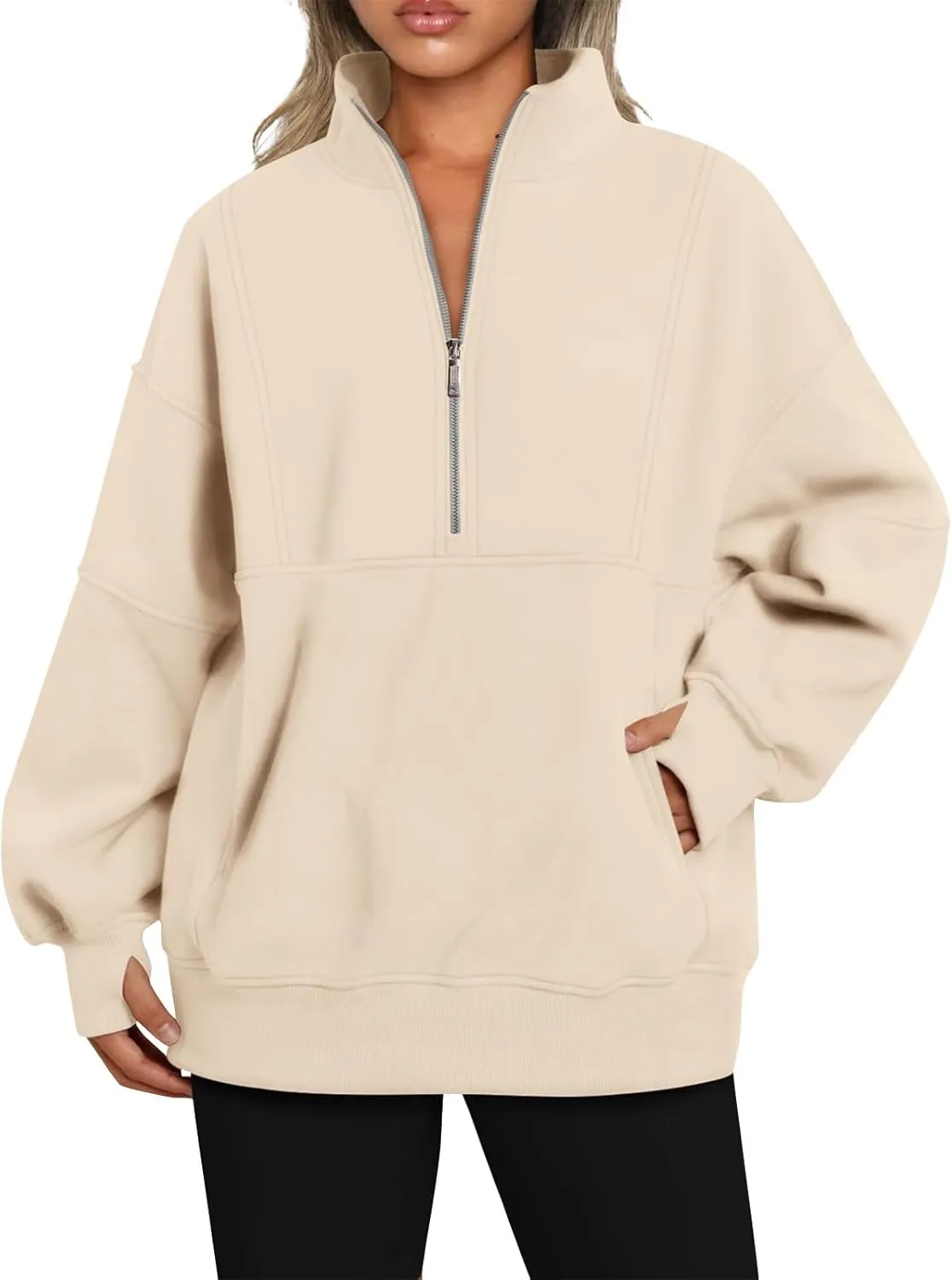 Half Zip Pullover Women Cropped Fleece Oversized Sweatshirt Long Sleeve Thumb Hole Quarter Zipper Hoodies with Pockets
