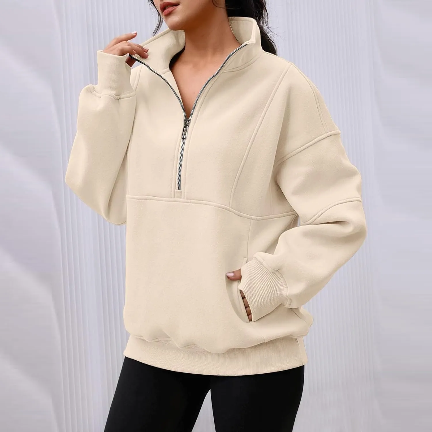 Half Zip Pullover Women Cropped Fleece Oversized Sweatshirt Long Sleeve Thumb Hole Quarter Zipper Hoodies with Pockets