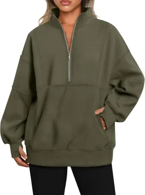 Half Zip Pullover Women Cropped Fleece Oversized Sweatshirt Long Sleeve Thumb Hole Quarter Zipper Hoodies with Pockets