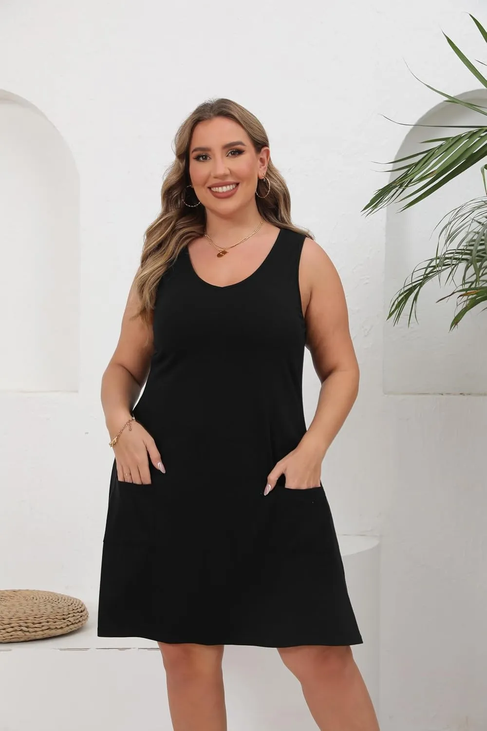 HBEYYTO Women Plus Size Sundress with Pockets V Neck Sleeveless Loose Fit Tank Dress Floral Print Beach Cover up 1X-5X