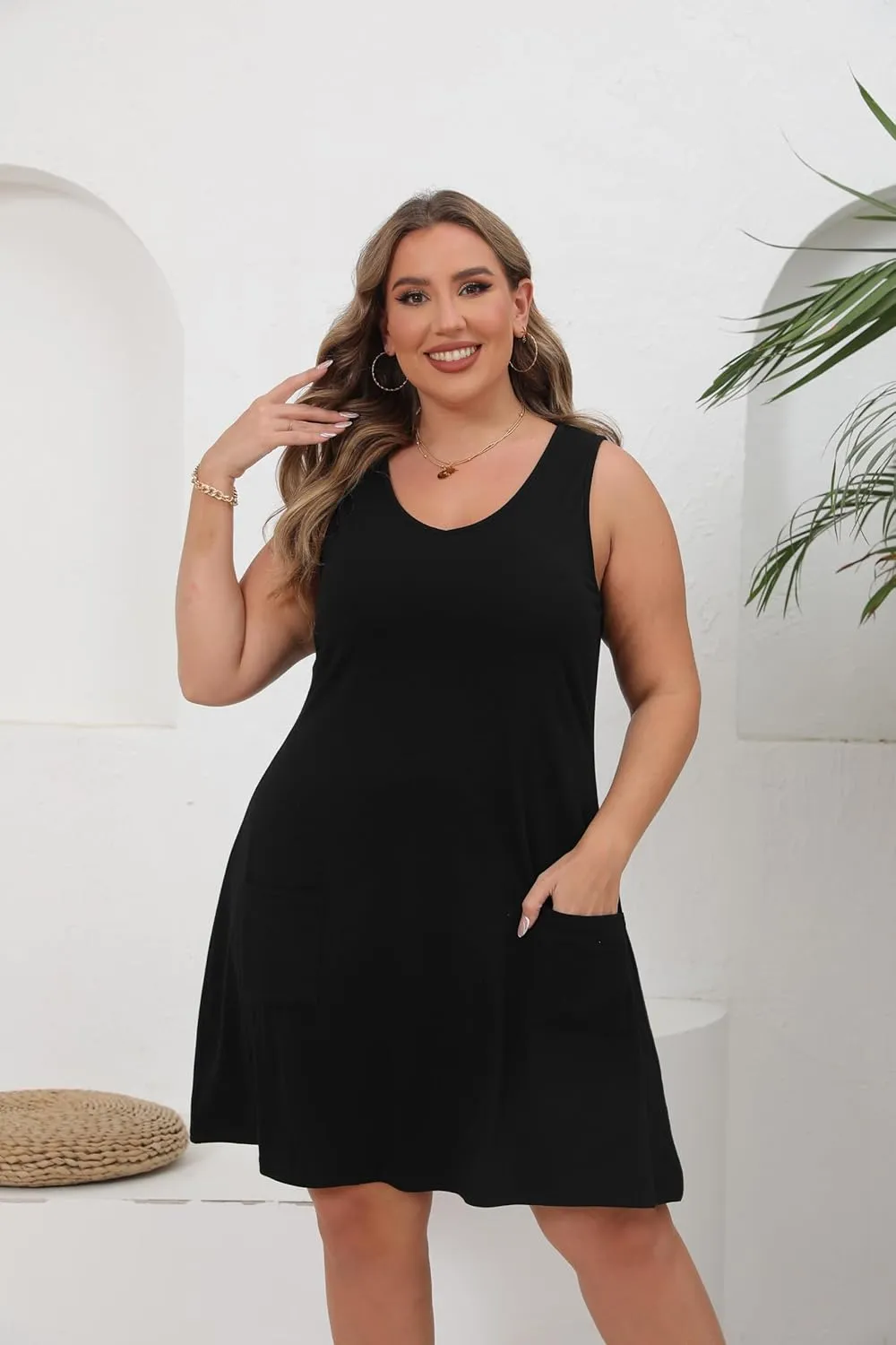 HBEYYTO Women Plus Size Sundress with Pockets V Neck Sleeveless Loose Fit Tank Dress Floral Print Beach Cover up 1X-5X