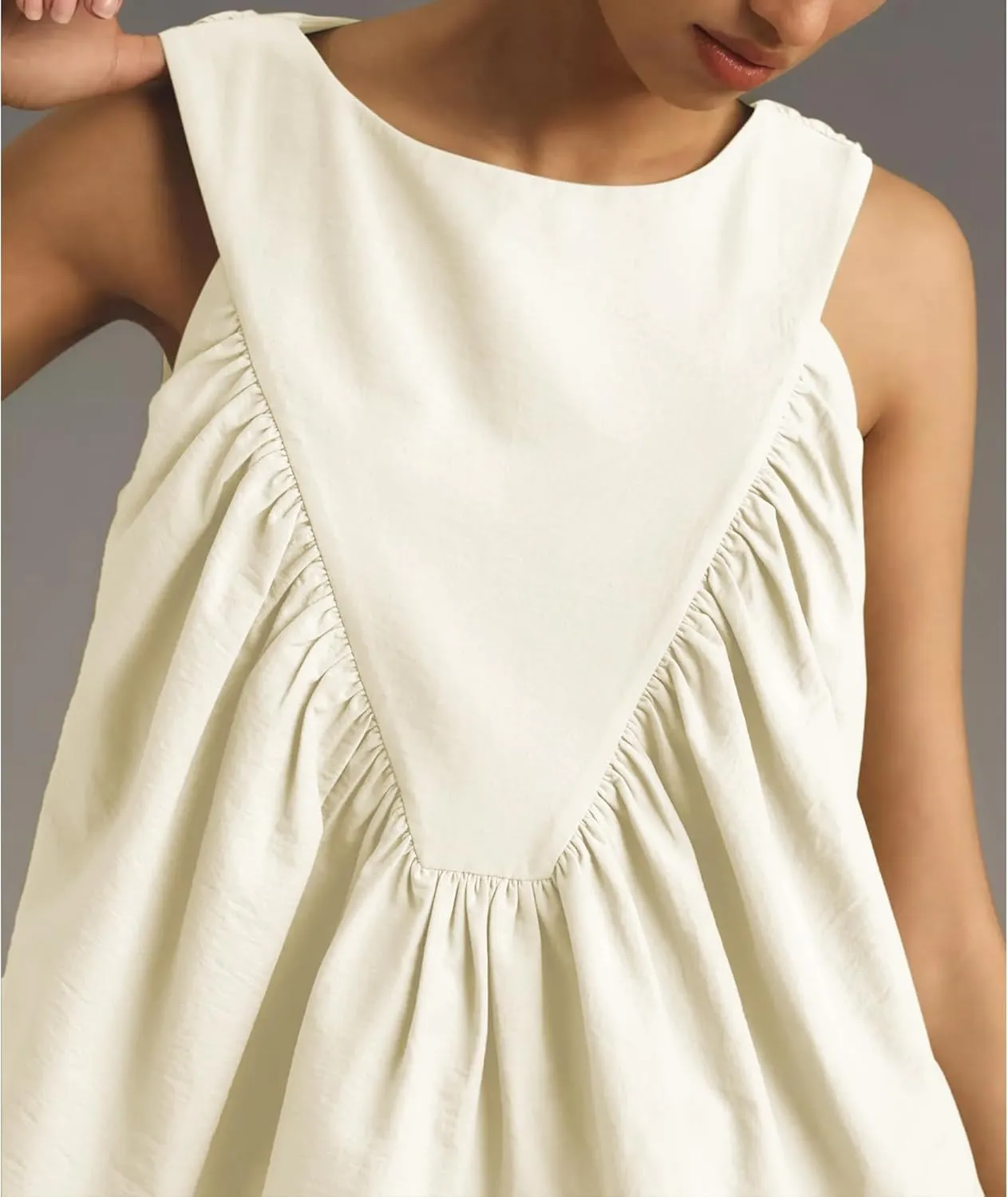 Hixiaohe Shirred Swing Tank Tops for Women Fashion Flowy Sleeveless Shirts Casual Crew Neck Blouse Loose Fit Ruffled Tops