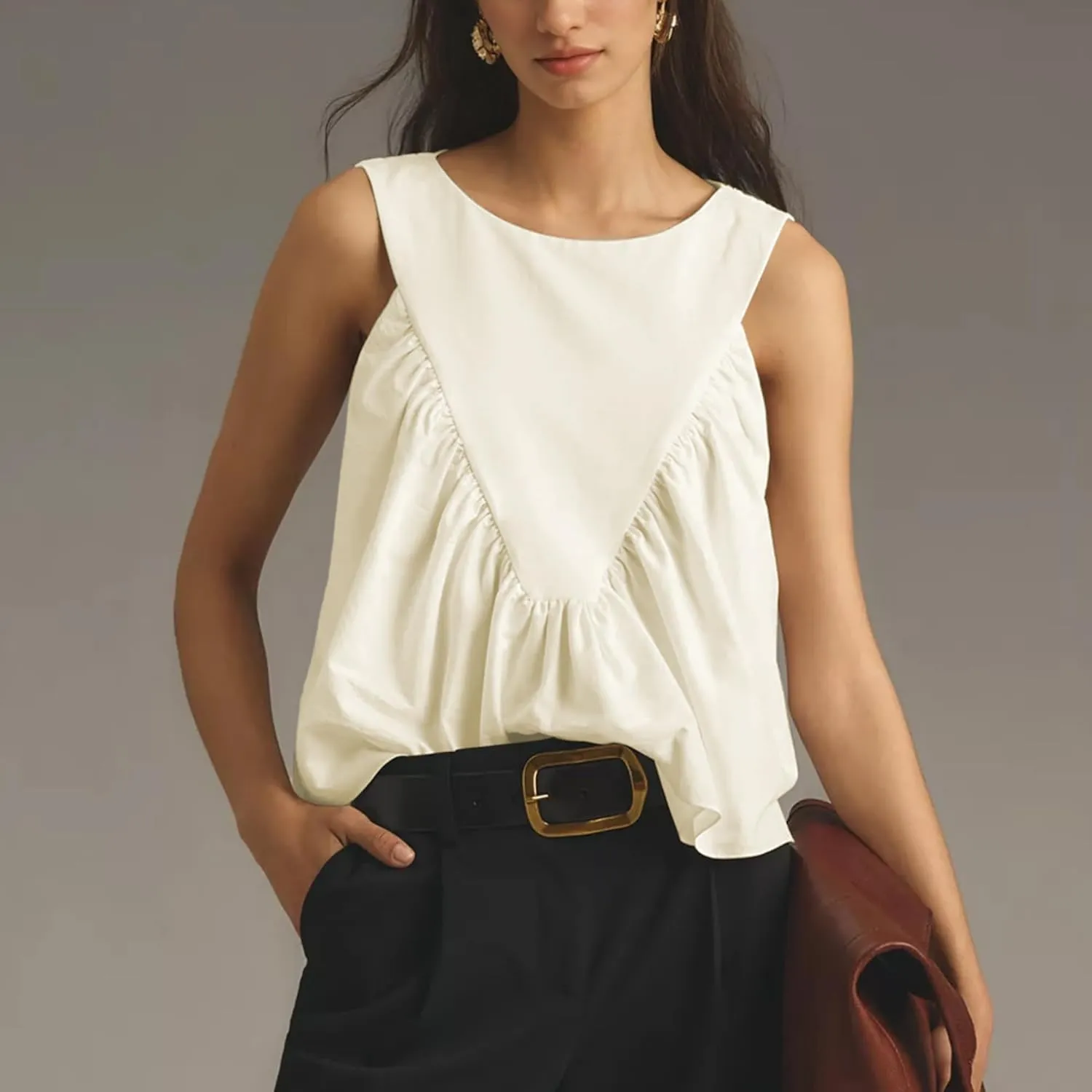 Hixiaohe Shirred Swing Tank Tops for Women Fashion Flowy Sleeveless Shirts Casual Crew Neck Blouse Loose Fit Ruffled Tops