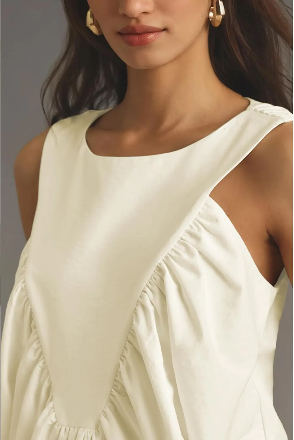 Hixiaohe Shirred Swing Tank Tops for Women Fashion Flowy Sleeveless Shirts Casual Crew Neck Blouse Loose Fit Ruffled Tops