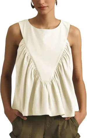 Hixiaohe Shirred Swing Tank Tops for Women Fashion Flowy Sleeveless Shirts Casual Crew Neck Blouse Loose Fit Ruffled Tops