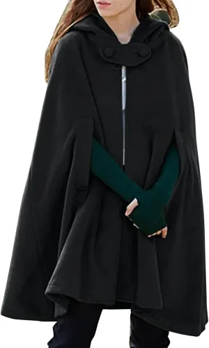 Hooded Medium Women Cape Winter Vintage Overcoat Fashion Button Cloak Woolen Coat Full Zip Fleece for Women Womens Coat
