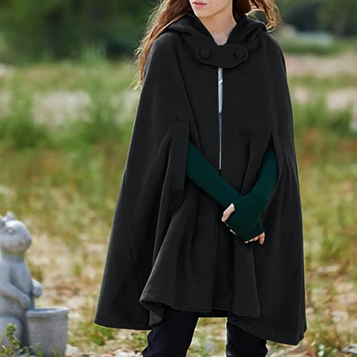 Hooded Medium Women Cape Winter Vintage Overcoat Fashion Button Cloak Woolen Coat Full Zip Fleece for Women Womens Coat