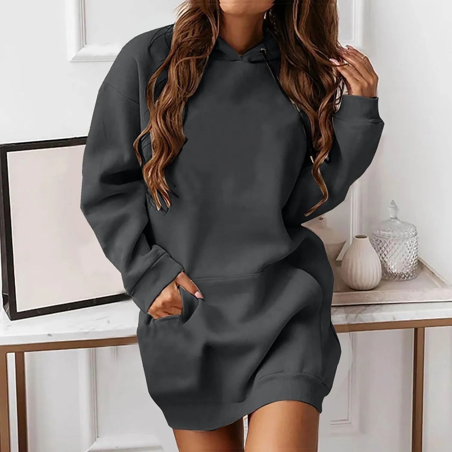 Hoodie Dress for Women Oversized Hooded Pullover Long Sleeve Sweatshirts Casual Fall Winter Hoodies Dress with Pocket