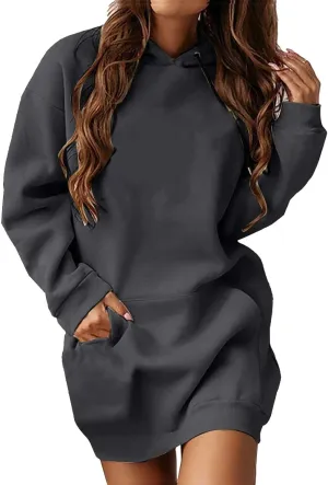 Hoodie Dress for Women Oversized Hooded Pullover Long Sleeve Sweatshirts Casual Fall Winter Hoodies Dress with Pocket