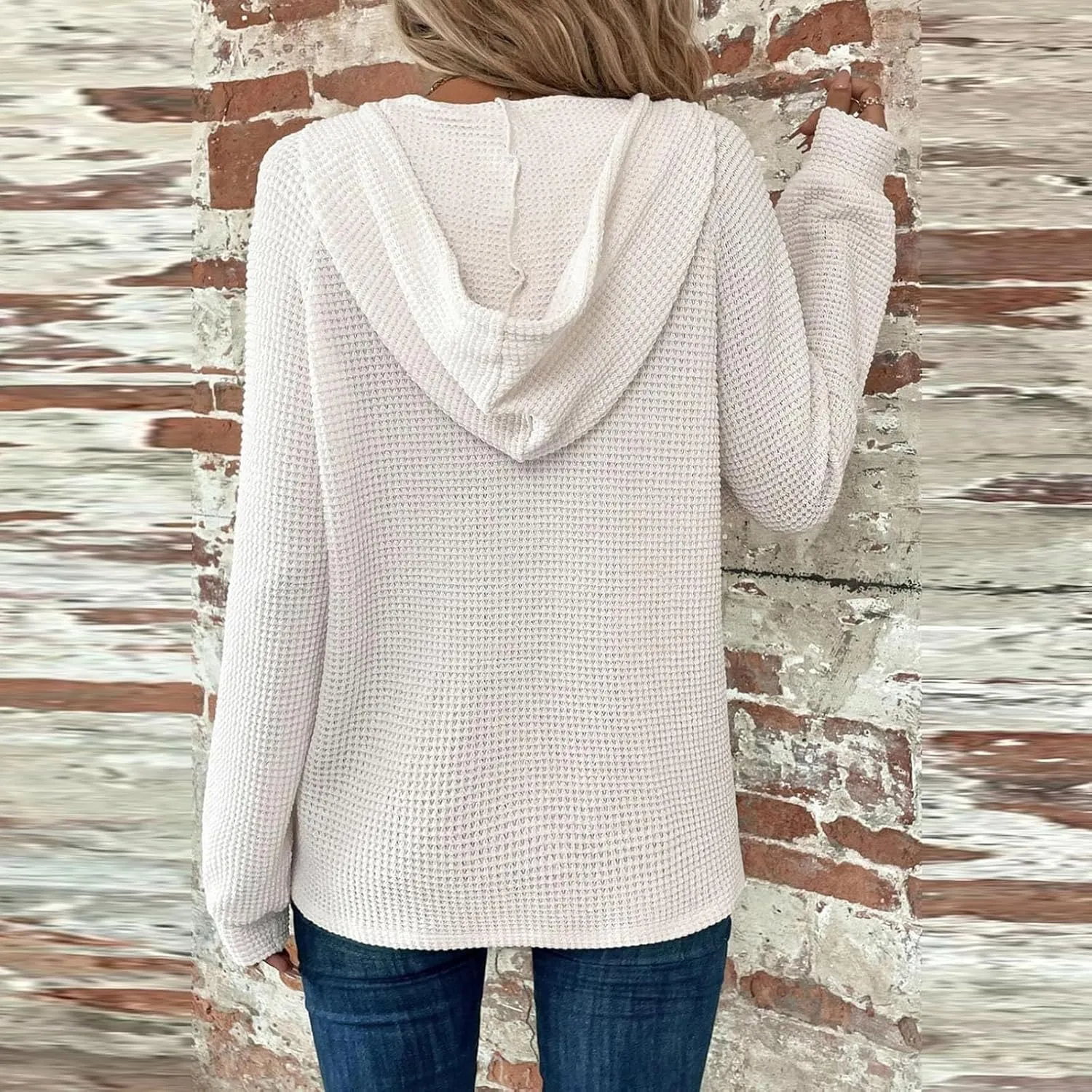Hoodies for Women Waffle Knit Drawstring Button V Neck Hooded Sweatshirt Fall Loose Fit Long Sleeve Pullover Sweater