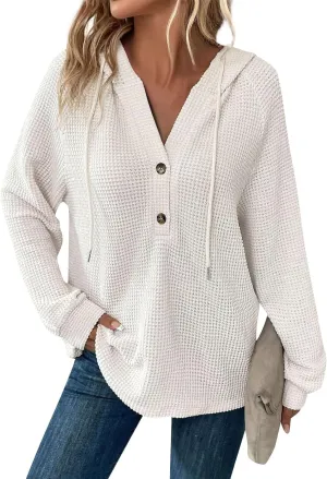 Hoodies for Women Waffle Knit Drawstring Button V Neck Hooded Sweatshirt Fall Loose Fit Long Sleeve Pullover Sweater