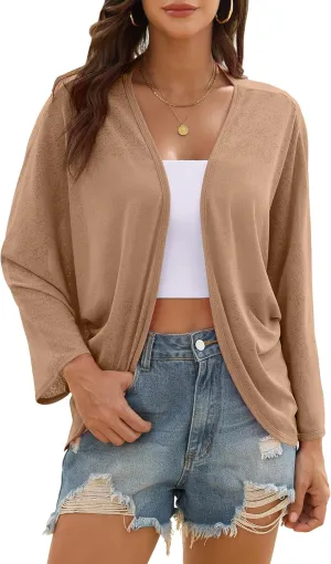 Iandroiy Womens Open Front 3/4 Sleeve Batwing Cardigan Lightweight Summer Kimono Cover Ups