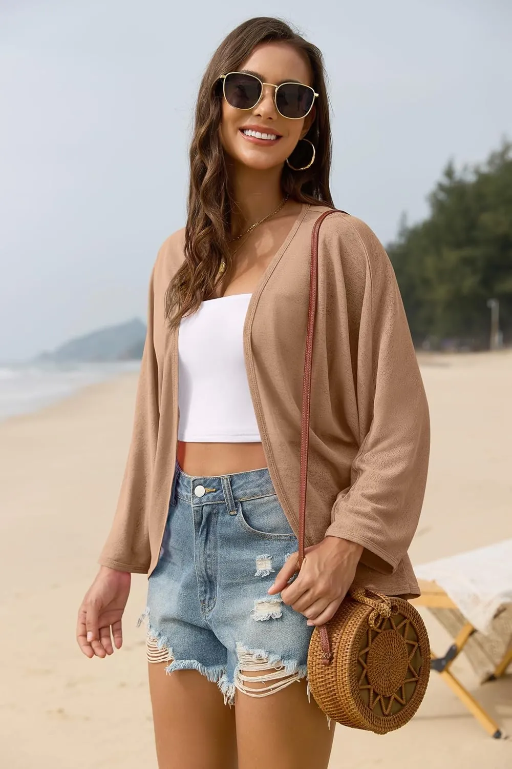 Iandroiy Womens Open Front 3/4 Sleeve Batwing Cardigan Lightweight Summer Kimono Cover Ups